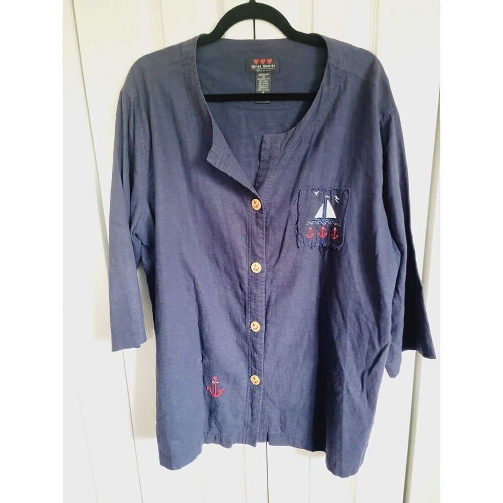 Three Hearts 1X Women’s‎ Linen Blend Navy Blue Nautical Blouse SS